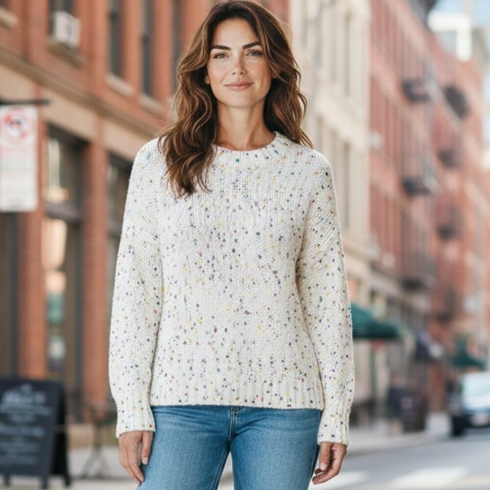 Seven7 Slouchy Chunky Knit Sweater Sz S Multicolor Confetti Pom Poms 193K